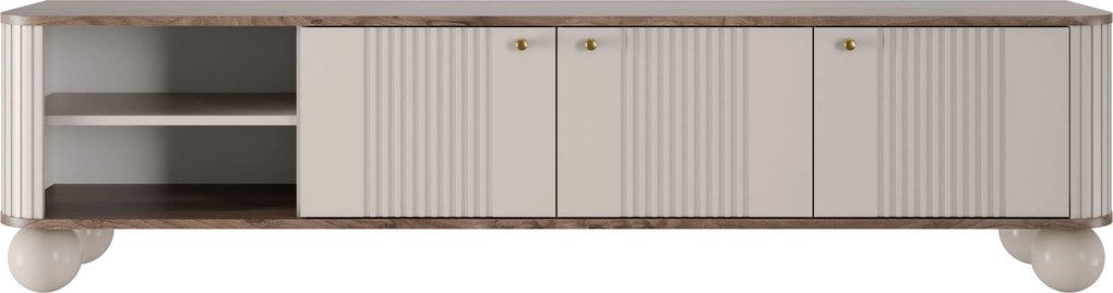 RTV skrinka Vesper 187 cm trojdverová - kasmír / orech / zlaté úchyty / guľaté nohy