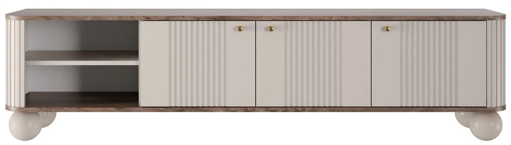 TV stolík Vesper 3D 187 cm - kašmír / orech / zlaté úchytky / guľaté nohy