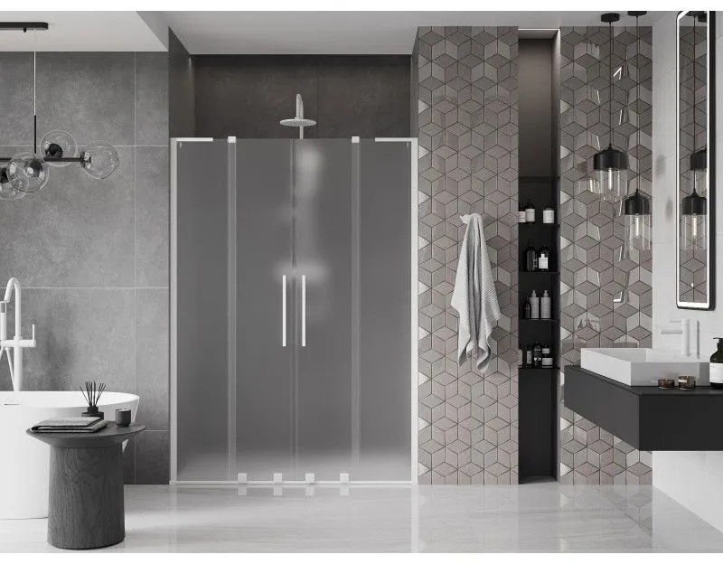 Mexen Velar L Duo, posuvné sprchové dvere do otvoru 160 cm, 8mm sklo námraza, biela matná, 871-160-003-32-20