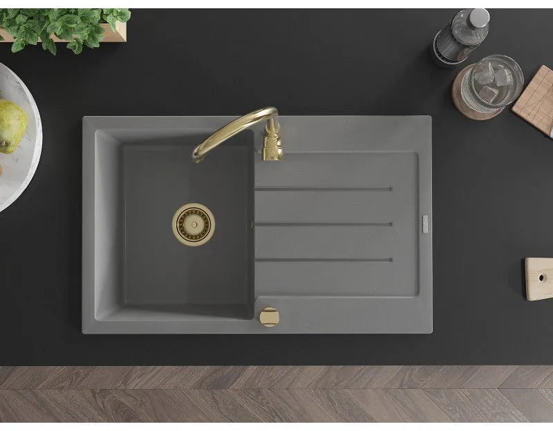 Mexen Bruno, granitový drez 795x495x200 mm, 1-komorový, šedá so zlatým sifónom, 6513791010-71-G