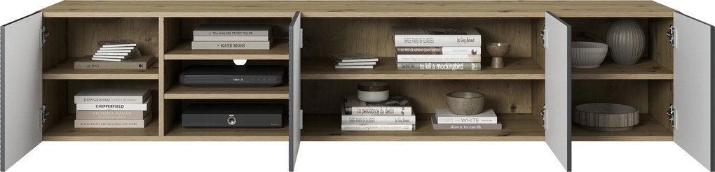 Závesná TV skrinka Asha 200 cm s ryhovaným čelom a výklenkom - dub artisan / rivier stone mat