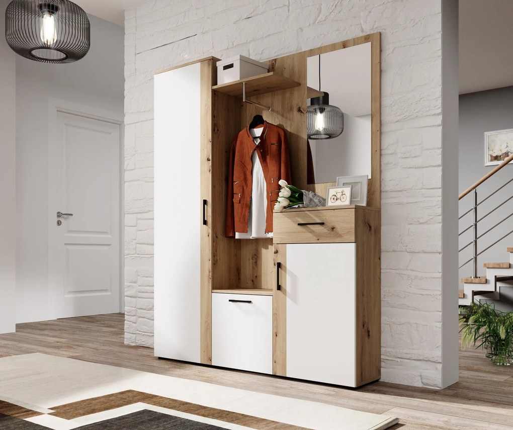 Predsieňová stena Trio so zrkadlom 145 cm dub Artisan/biela
