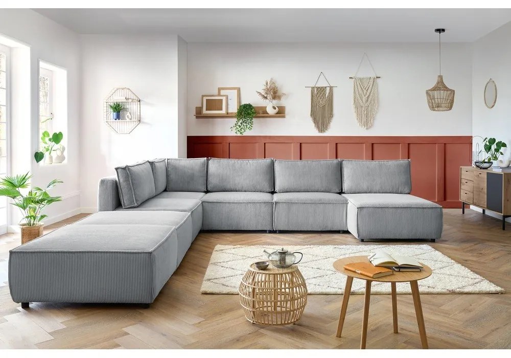 Svetlosivá menčestrová rohová pohovka (do tvaru "U"/variabilná) Nihad modular – Bobochic Paris