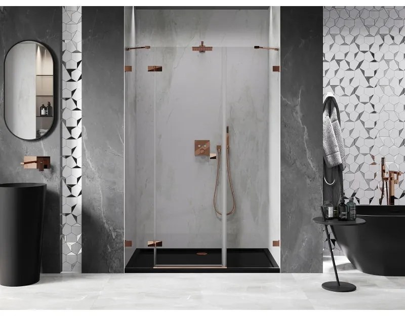 Mexen Lunar, ľavé otočné sprchové dvere 150 cm, 8mm číre sklo, ružové zlato profil, 834S-150-050-60-00-L