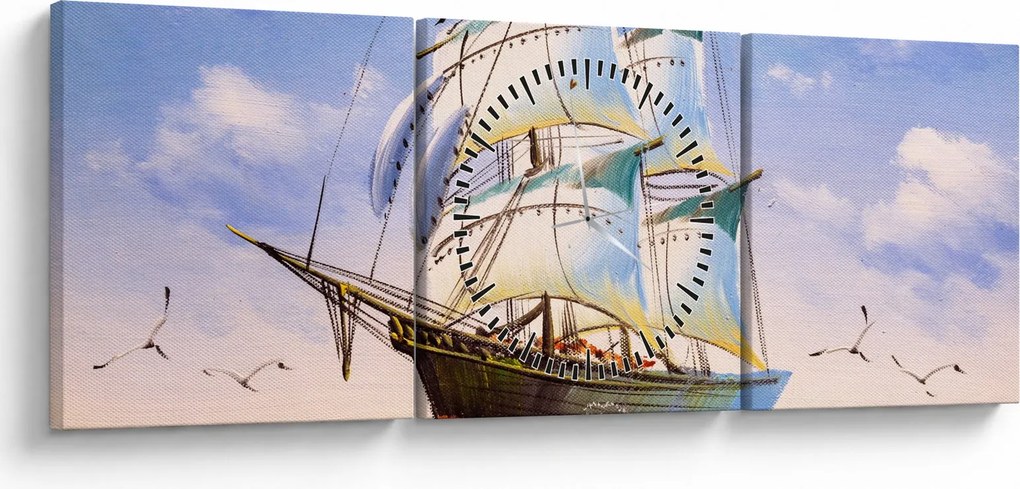 Obraz lode na vlnách (s hodinami) (90x30 cm)