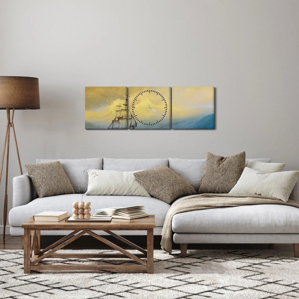 Obraz - Maľba lode na mori (s hodinami) (90x30 cm)