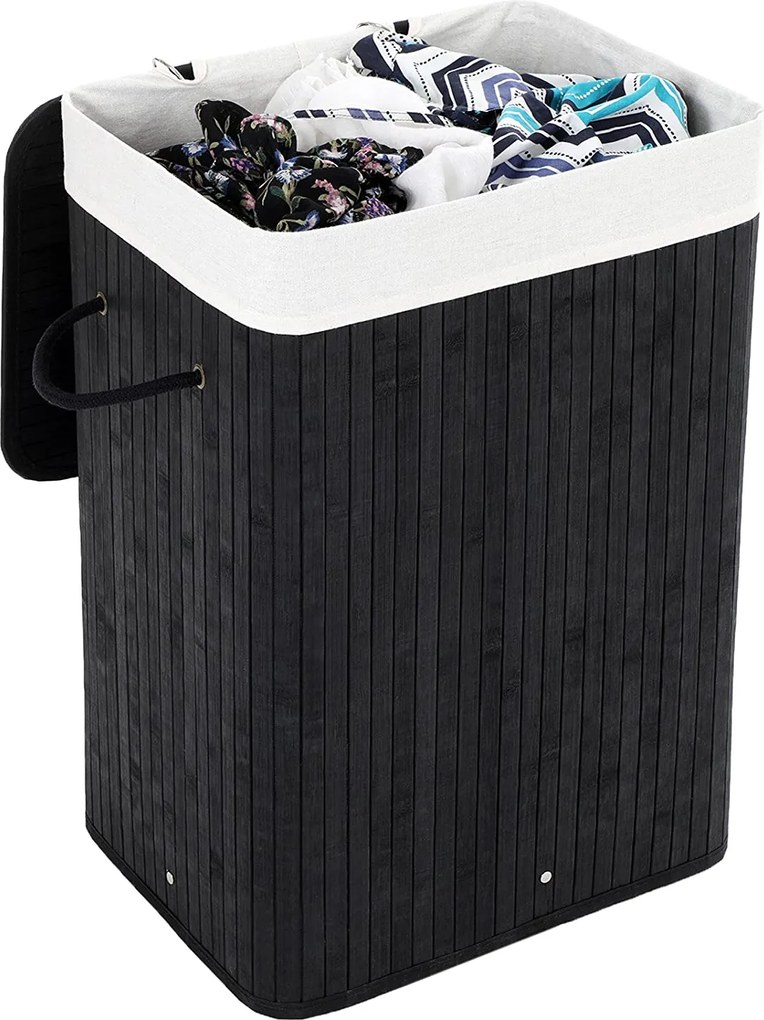 Veľký bambusový kôš na prádlo XL 72L, skladací, čierny