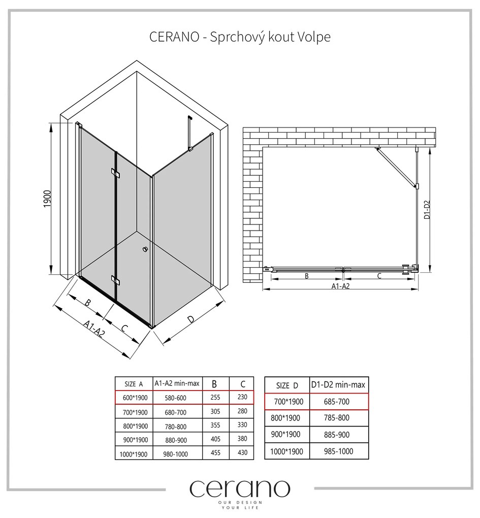 Cerano Volpe, sprchovací kút so skladacími dverami 60(dvere) x 70(stena), 6mm číre sklo, chrómový profil, CER-CER-427159