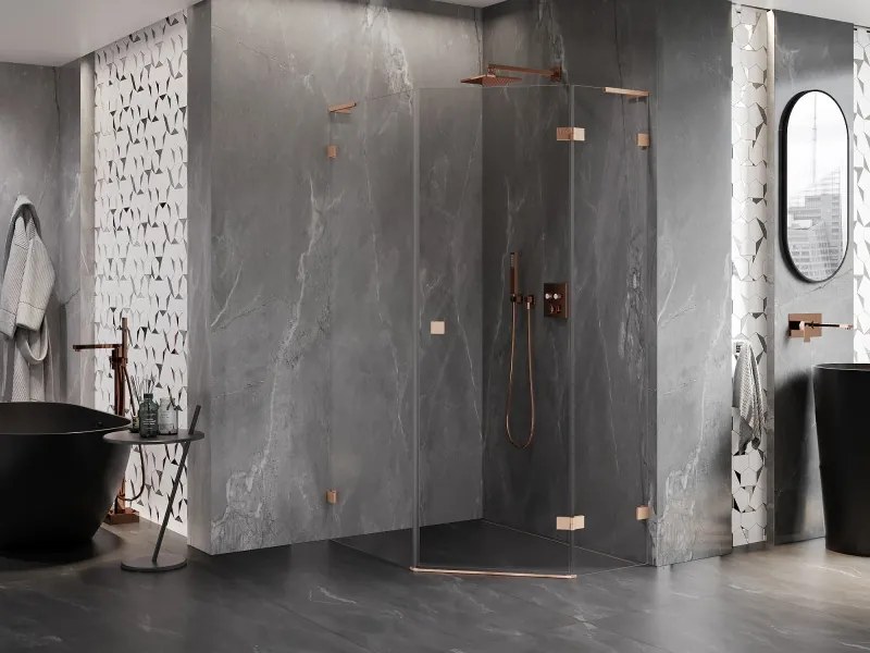 Mexen Lunar, L päťuholníkový sprchový kút s pravým sklonom 90 x 100 cm, 8mm číre sklo, profil medená matná, 831L-090P-100L-65-00-P
