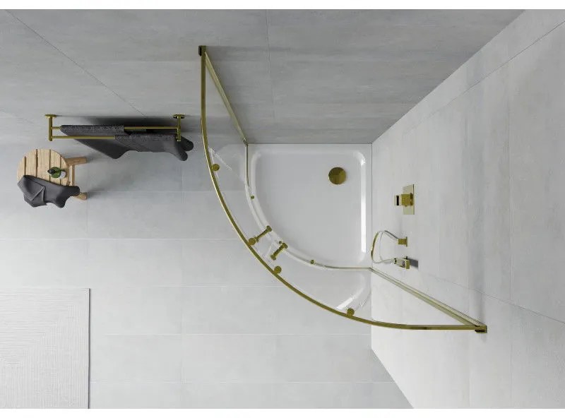 Mexen Rio, štvrťkruhový sprchovací kút s posuvnými dverami 80(dvere) x 80(dvere) x 190 cm, 6mm číre sklo, zlatý profil + biela sprchová vanička SLIM, 863-080-080-50-00-4110G