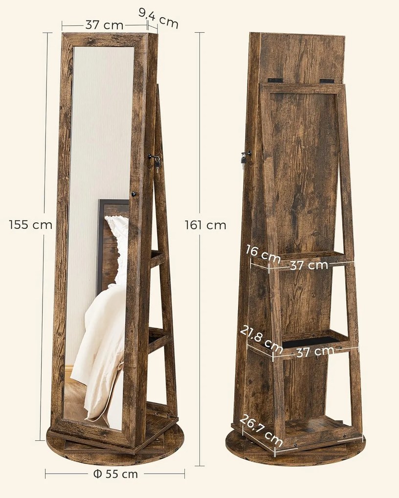 Otočná šperkovnice se zrcadlem Pure 161 cm hnědá