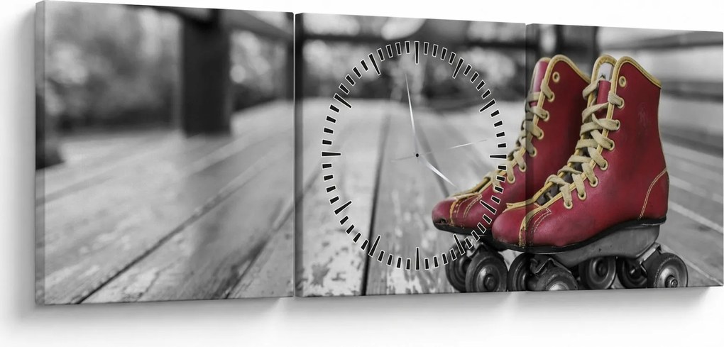 Obraz červených starých kolieskových topánok (s hodinami) (90x30 cm)