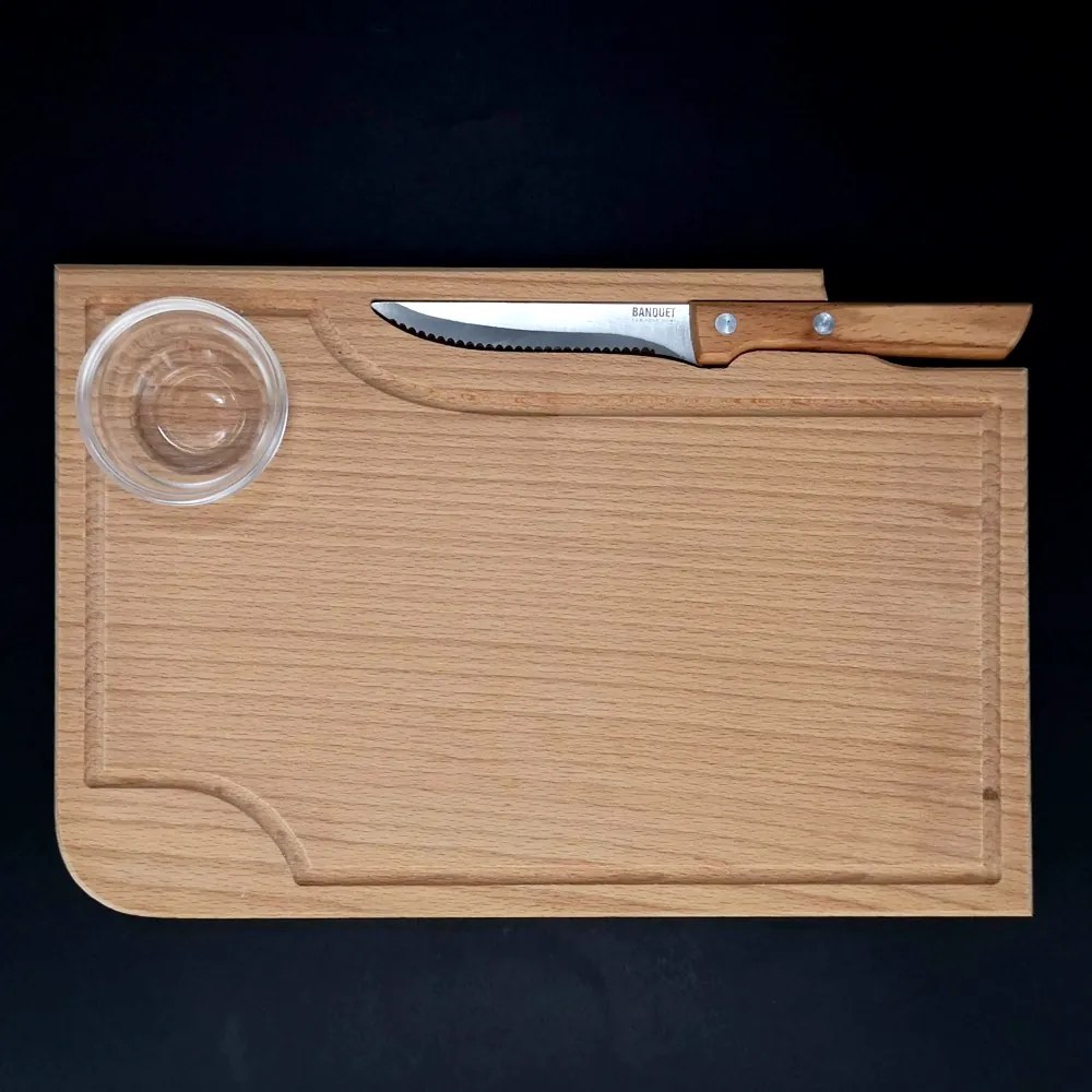 AMADEA Drevená doštička na steak s nožom a miskou, masívne drevo, 30x20x1, 5 cm
