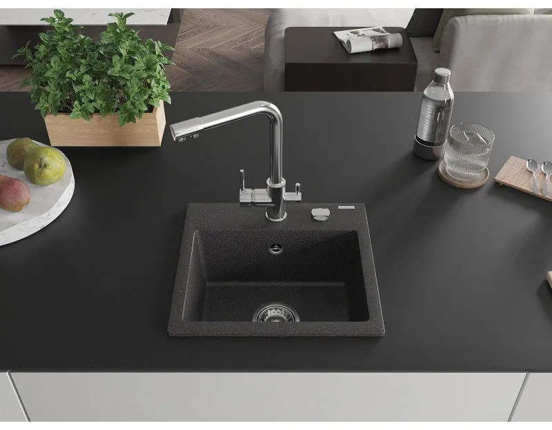 Mexen Milo, granitový drez 435x410x171 mm, 1-komorový a chrómová batéria Duero, čierna škvrnitá, 6505-76-671600-00