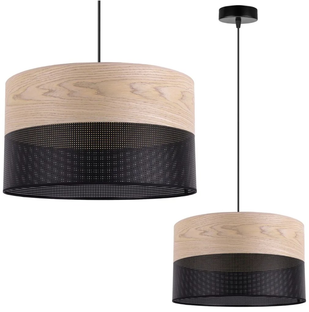 Závesné svietidlo Wood, 1x béžová dubová dýha/čierne PVC tienidlo, (fi 35cm)