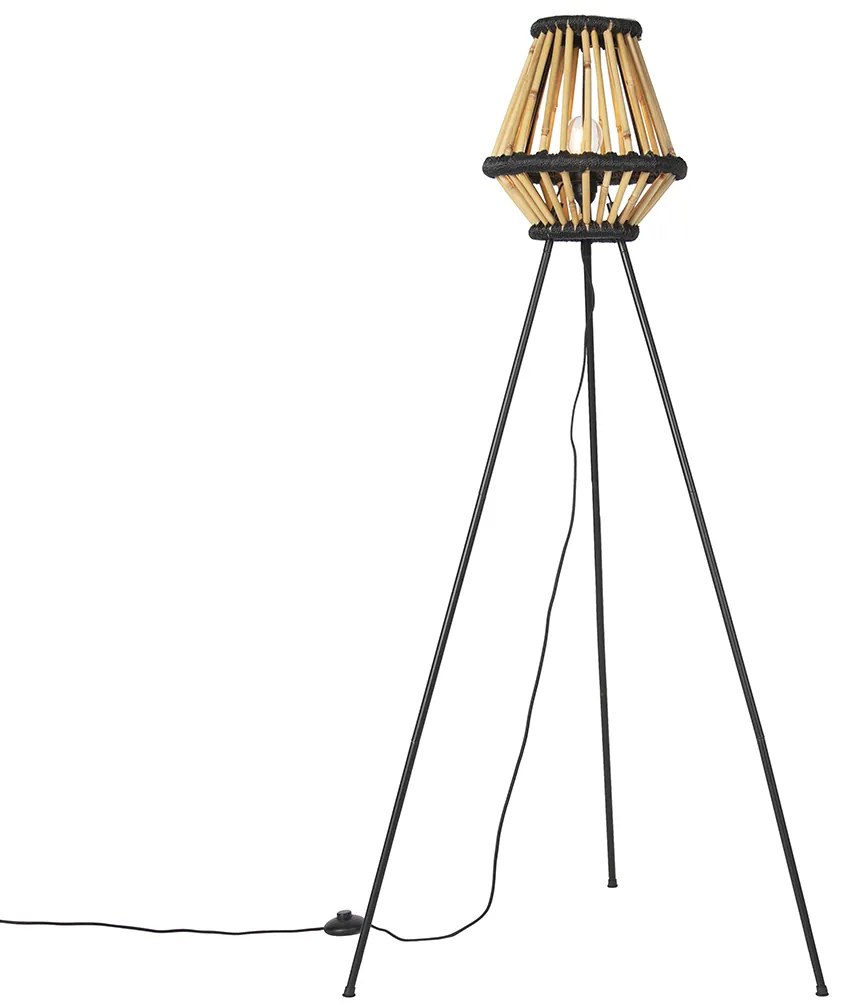Orientálna trojnohá stojaca lampa bambusová s čiernou - Evalin