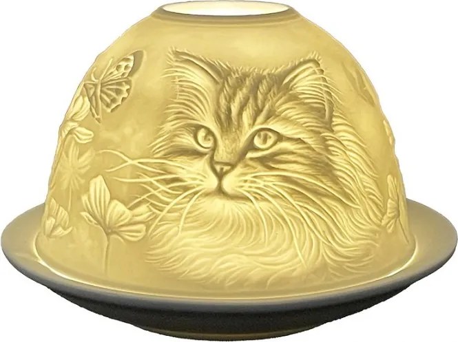 Biely porcelánový svietnik na čajovku mačička s motýlikom Paollo - Ø 12*8 cm