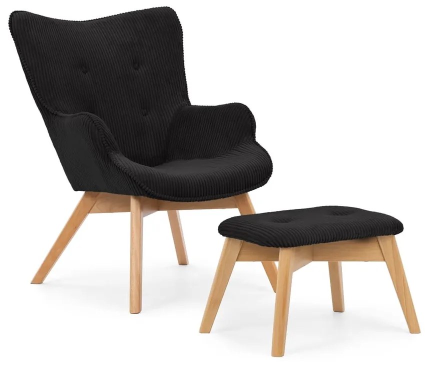 Čierne menčestrové kreslo s podnožkou Niko – Ropez