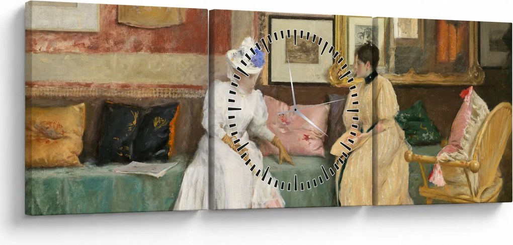 Obraz - William Merritt Chase, A Friendly Call, reprodukcia (s hodinami) (90x30 cm)