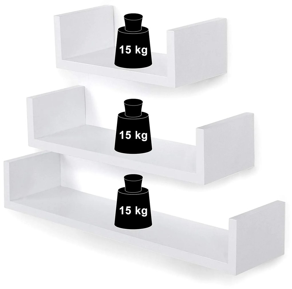 SONGMICS Nástenná polica do U biela 3 ks 60/45/30 cm