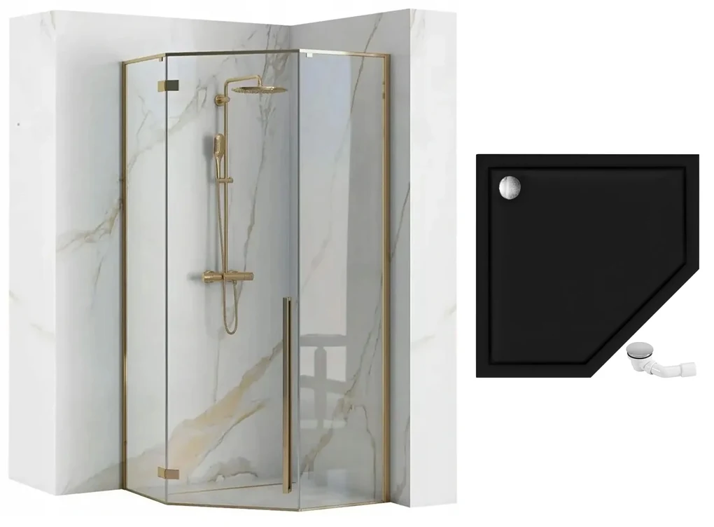 Rea Diamond, sprchovací kút 90x90 cm + čierna sprchová vanička, zlatá lesklá, KPL-14904