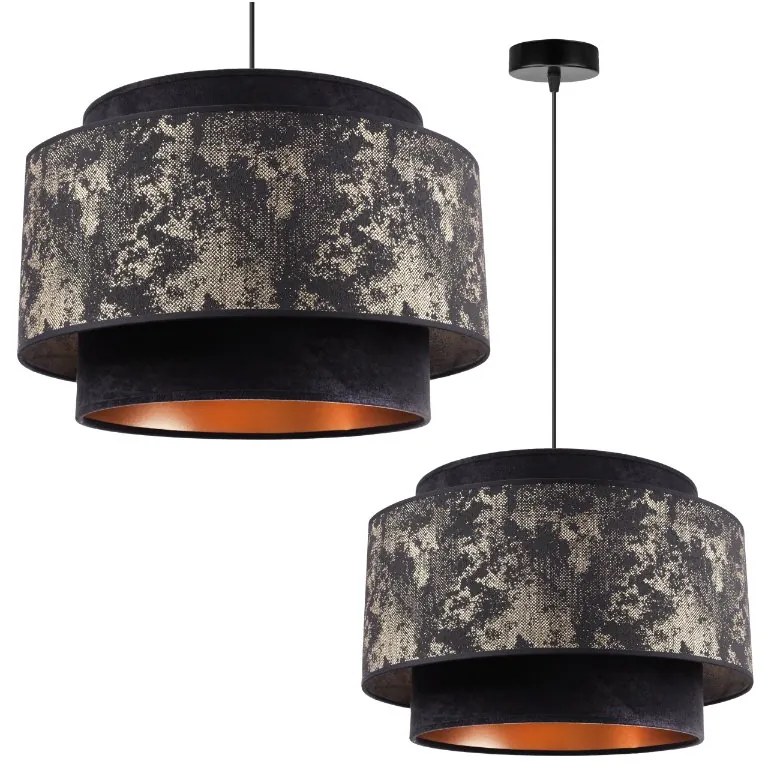 Závesné svietidlo Werona duo 2, 1x čierne/zlaté textilné tienidlo so vzorom, g