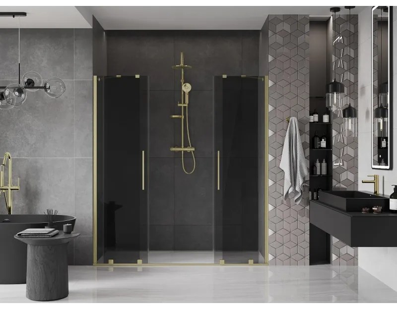 Mexen Velar Duo, posuvné sprchové dvere do otvoru 180 cm, 8mm šedé sklo, zlatá matná, 871-180-000-42-55