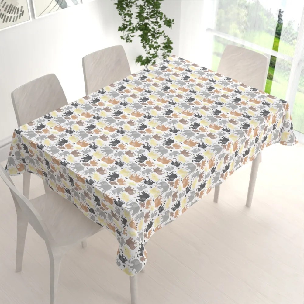 Biante Detský bavlnený obdĺžnikový obrus Sandra SA-039 Hnedé sloníky na bielom 50x100 cm
