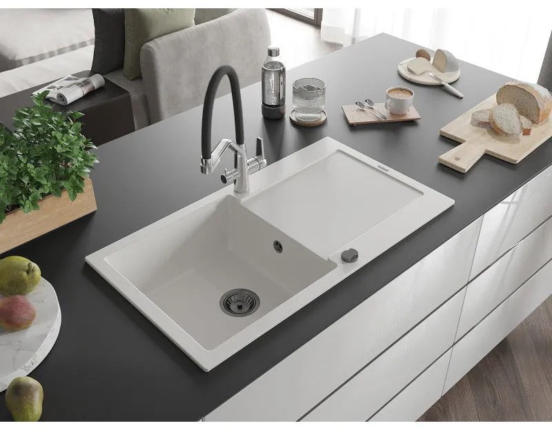 Mexen Leo, 1-komorový granitový drez 900x500x190 mm a drezová batéria Duo, biela, 6501-20-671701-07-B