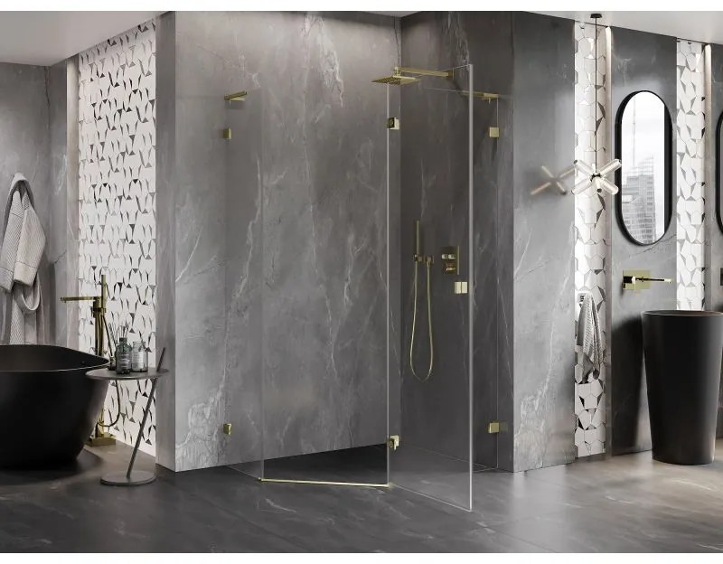 Mexen Lunar, L pravý výklopný päťuholníkový sprchový kút 100 x 90 cm, 8mm číre sklo, zlatý profil, 831L-100P-090L-50-00-P