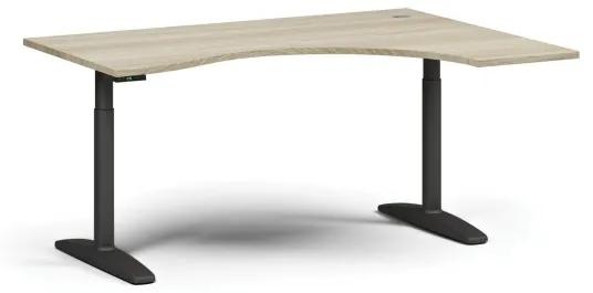 Výškovo nastaviteľný stôl OBOL, elektrický, 675-1325 mm, ergonomický pravý, doska 1600x1200 mm, čierna zaoblená podnož, dub prírodný