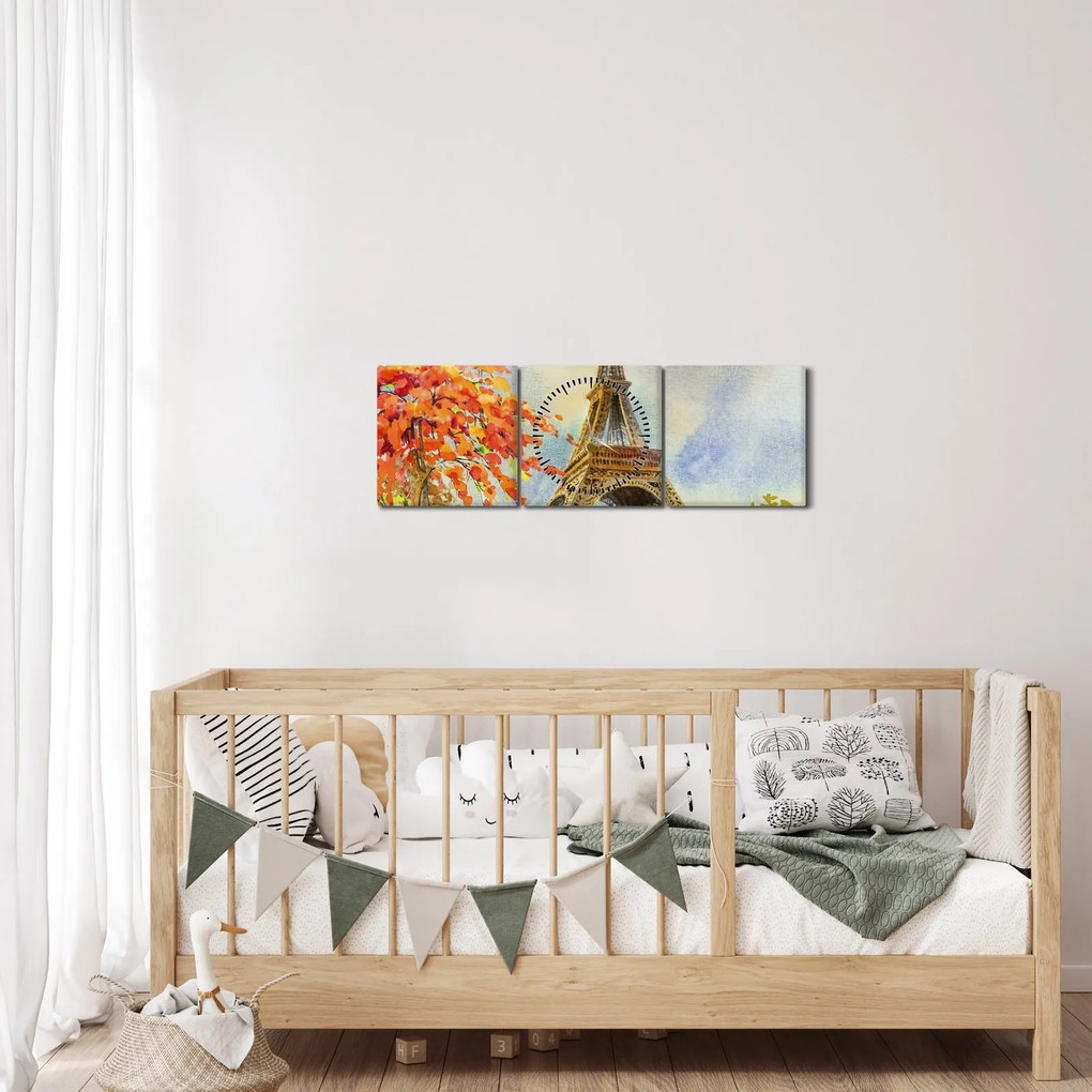 Maľovaný obraz Eiffelovej veže (s hodinami) (90x30 cm)