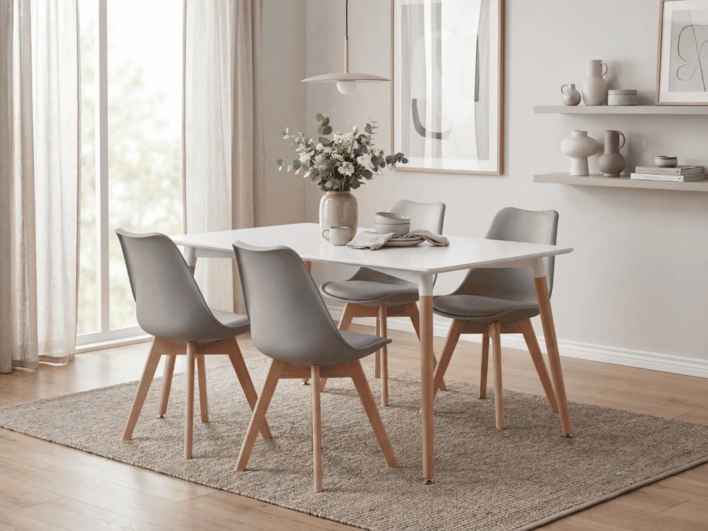 Jedálenský set 1 + 4, biely stôl ADRIA 120x80 cm + svetlosivá stolička BALI MARK s bukovými nohami