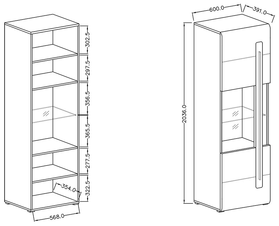 Vitrína Tulsa 05 - biela / biely lesk - 60 cm