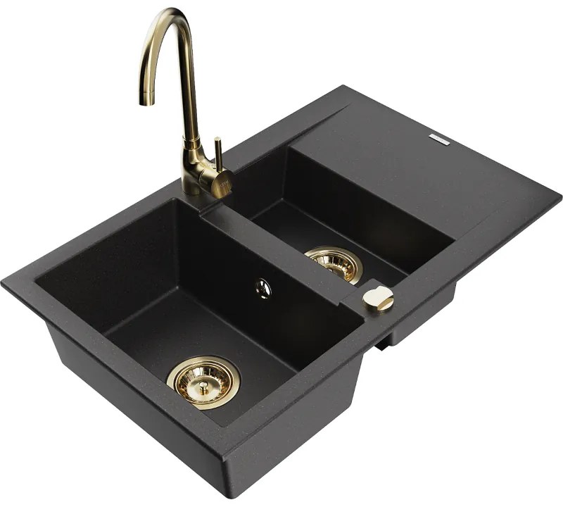 Mexen Gaspar, 1,5-komorový granitový drez s odkvapkávačom 74x48 cm a kuchynskou batériou Telma, čierna, 6507-77-670200-50