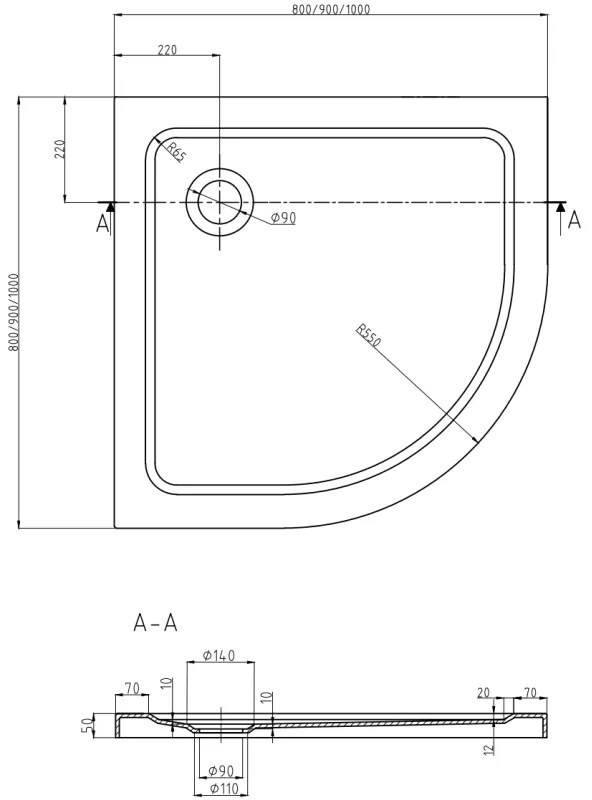 Mexen SLIM - Štvrťkruhová sprchová vanička 90x90x5cm + zlatý sifón, biela, 41109090G