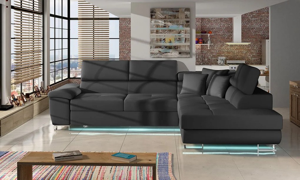 Rohová sedačka Alvin LED, Dostupné poťahy: Ekokoža Soft 011 (čierna) + Lux 06 + Ekokoža Soft 011 (čierna), Strana: pravá
