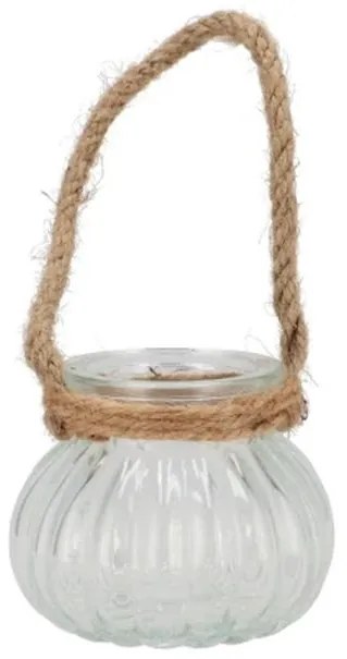 Transparentný rebrovaný sklenený svietnik s jutou - Ø 9*8 cm
