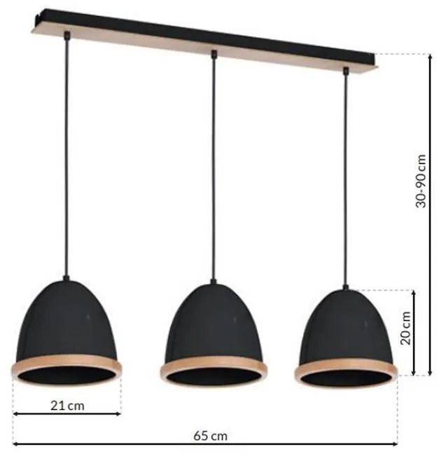 Závesné svietidlo Studio, 3x drevené/čierne kovové tienidlo, (fi 21cm), b/br