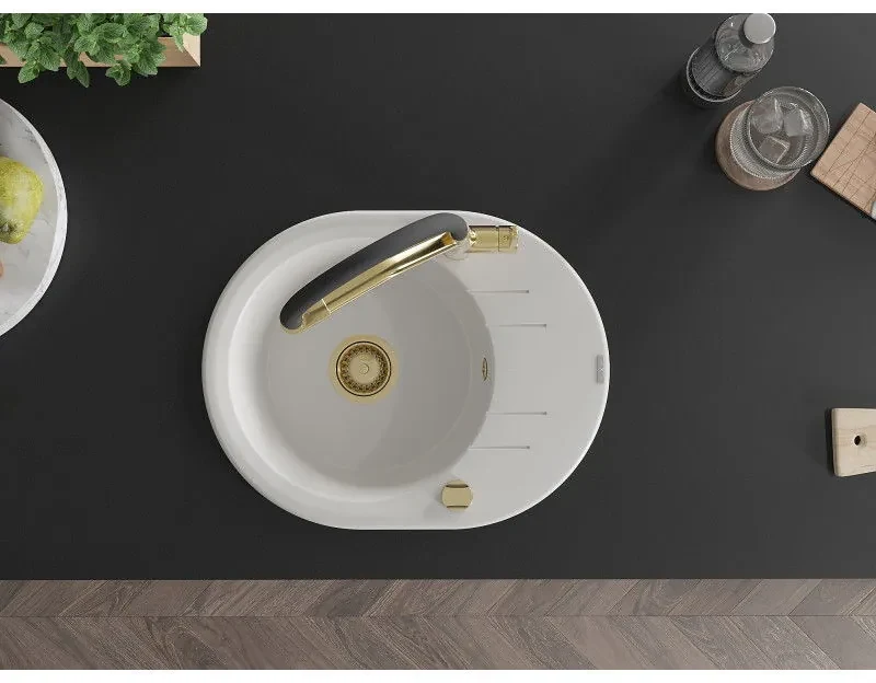 Mexen Kevin, granitový drez 586x458x190 mm, 1-komorový a biela batéria Duo, biela, 6517-20-671701-57-G