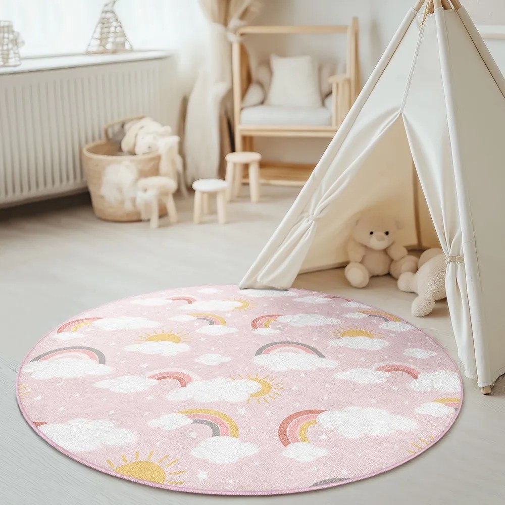 Ružový prateľný detský koberec ø120 cm Rainbow World – Mila Home