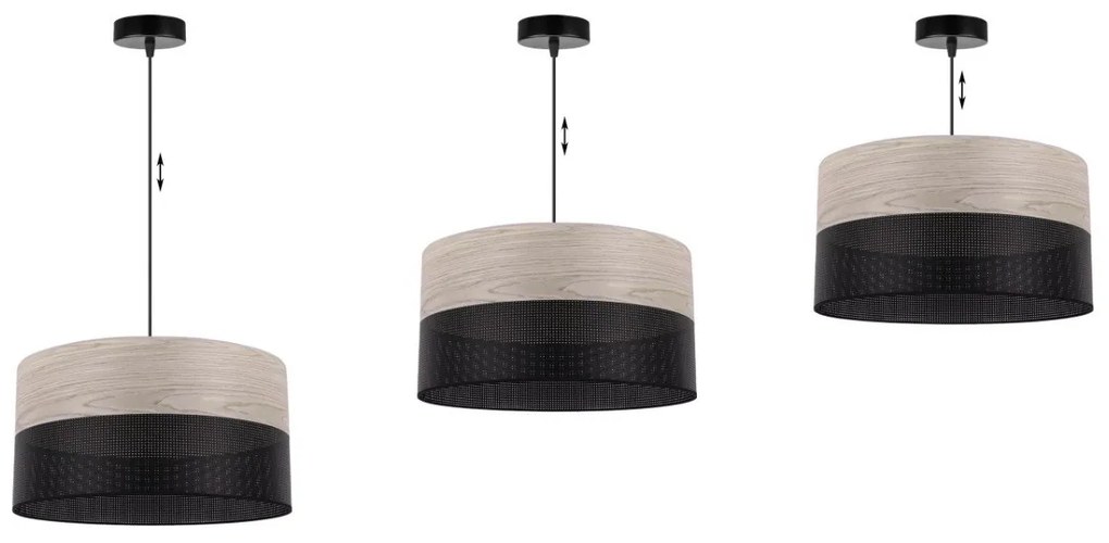 Závesné svietidlo Wood, 1x svetlobéžová dubová dýha/čierne PVC tienidlo, (fi 40cm)