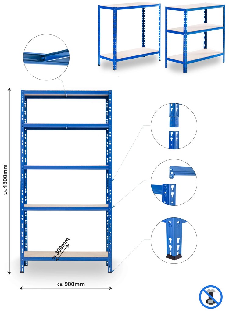 Balíček 20xSUPER EKO HIT - Policový regál Trestles RNDU-KUI 1800x900x300, nosnosť 875 kg, 5 políc Farba: modrá