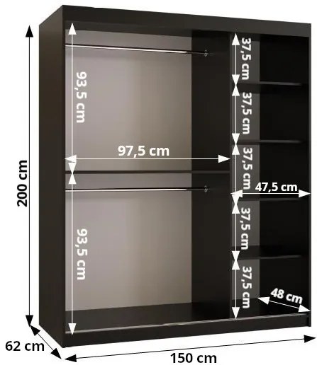 Šatníková skriňa 150 cm Riana Wa 1 150 (čierna + biela matná). Vlastná spoľahlivá doprava až k Vám domov. 1063468