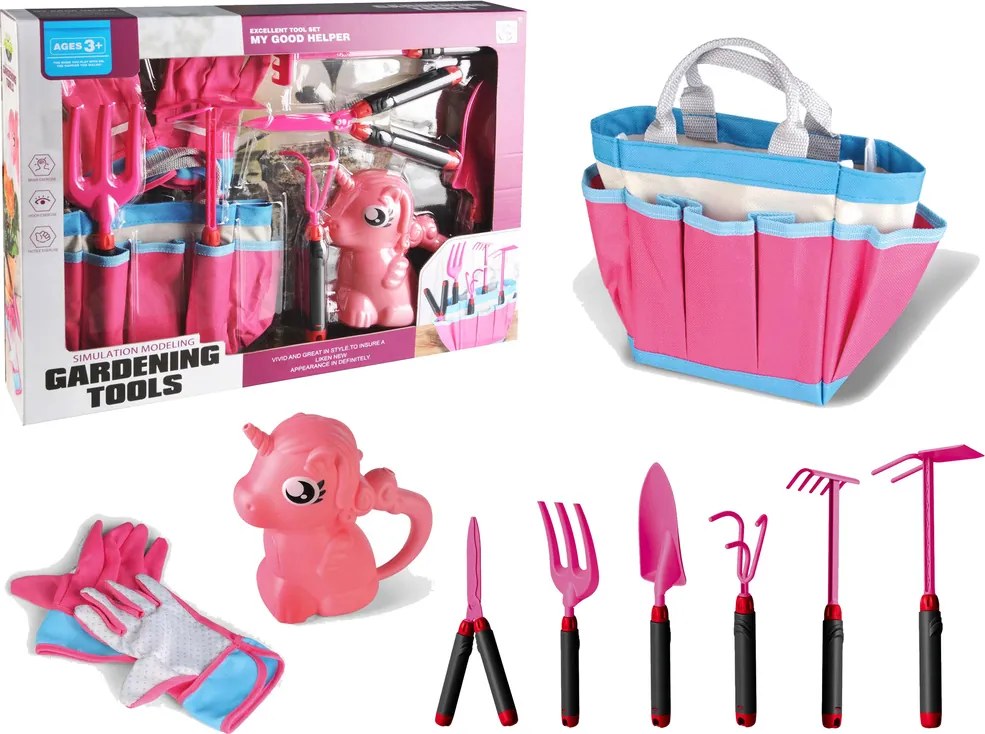 LEAN Toys Záhradná súprava Taška na náradie Rukavice Hrable Ružový jednorožec