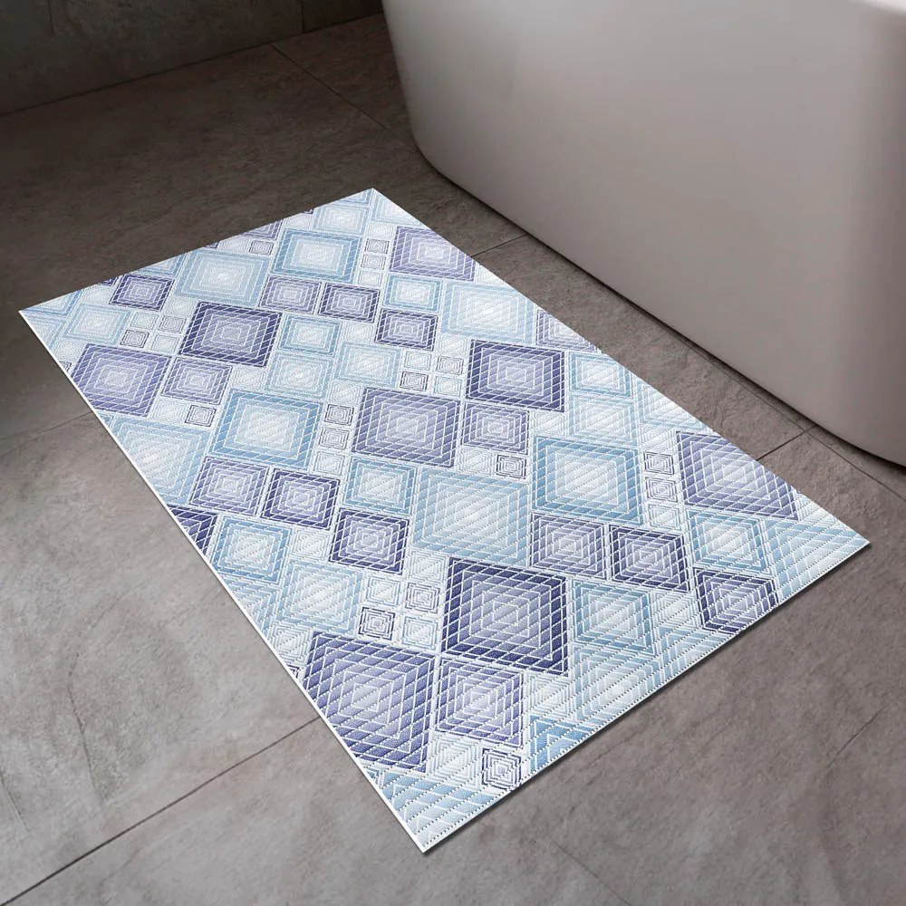 Kúpeľňová penová rohož / predložka PRO-095 Modré designové štvorce - metráž šírka 65 cm