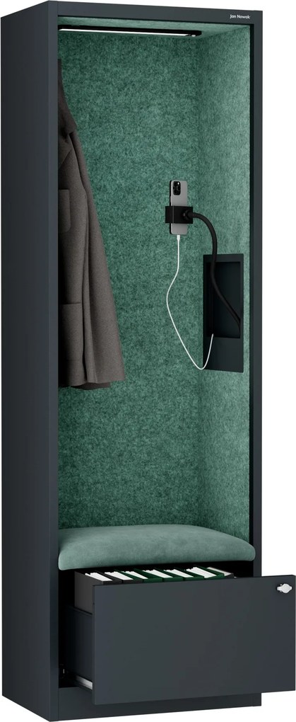Kancelárska akustická kabína so sedadlom a portom USB-C, telo v antracitovej farbe / sedadlo v zelenej farbe, 600 mm: SALLY MentalBox