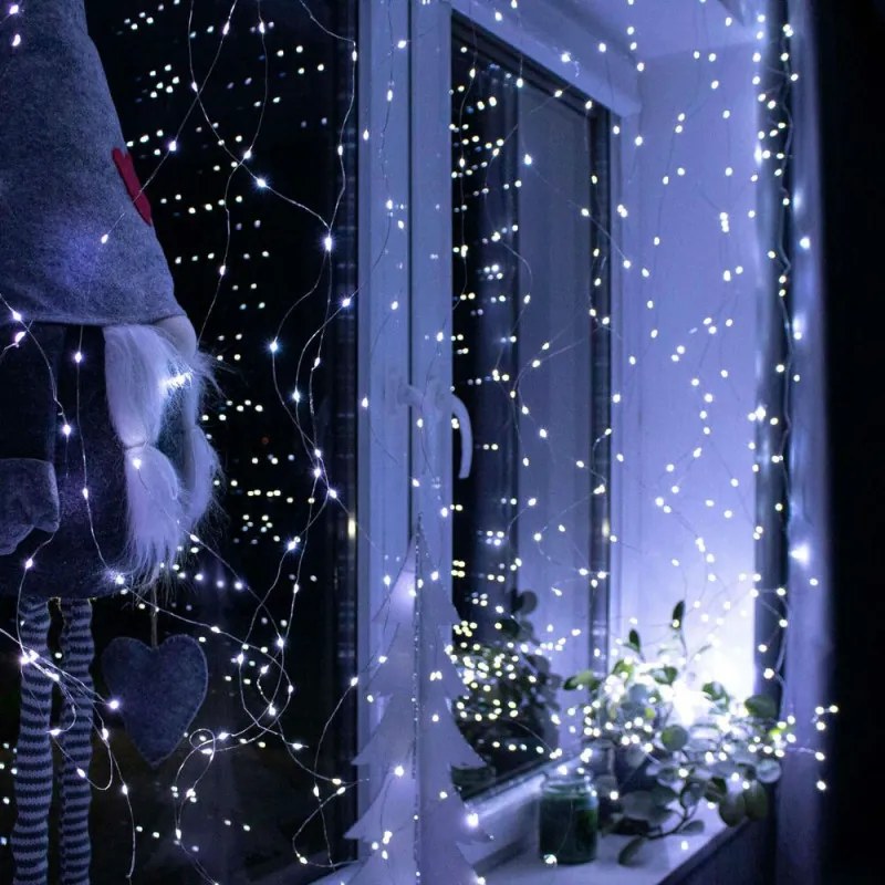SPRINGOS LED Nano svetelný záves - 3x3m, 300LED, 8 funkcií, ovládač, USB, IP44, studená biela