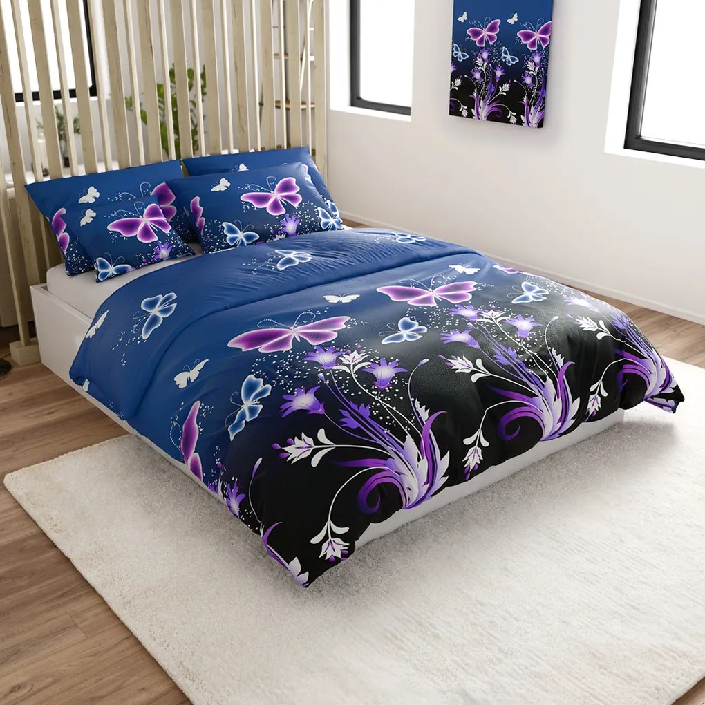 Obliečky mikroplyš VIOLET BUTTERFLY tmavomodré Rozmer obliečky: 70 x 90 cm | 140 x 220 cm