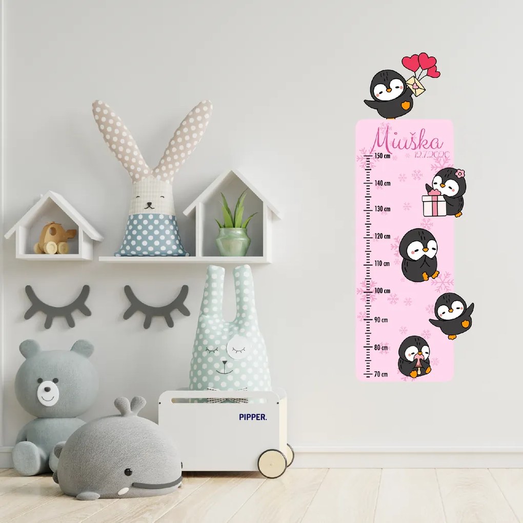 PIPPER. Detský meter s menom - Tučniaky - textilná nálepka na stenu